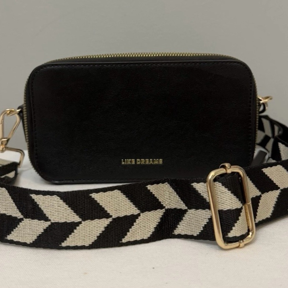 Like Dreams Camera Style Crossbody Bag Black Faux Leather with Striped Strap